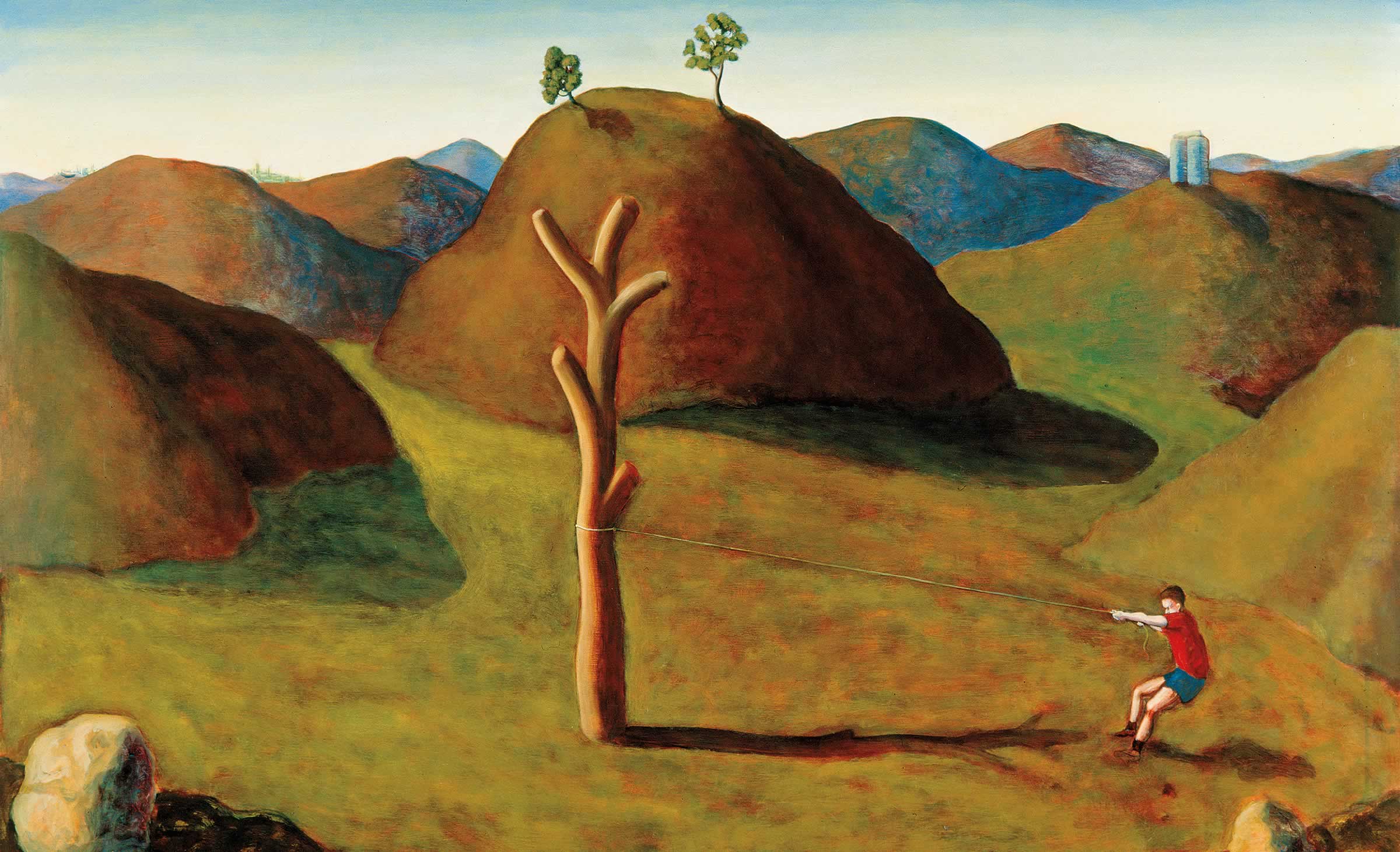 Painting by artist David Keeling titled Empty gesture (1988), showing an almost treeless landscape with a man tugging on a rope tied around the last dead tree.