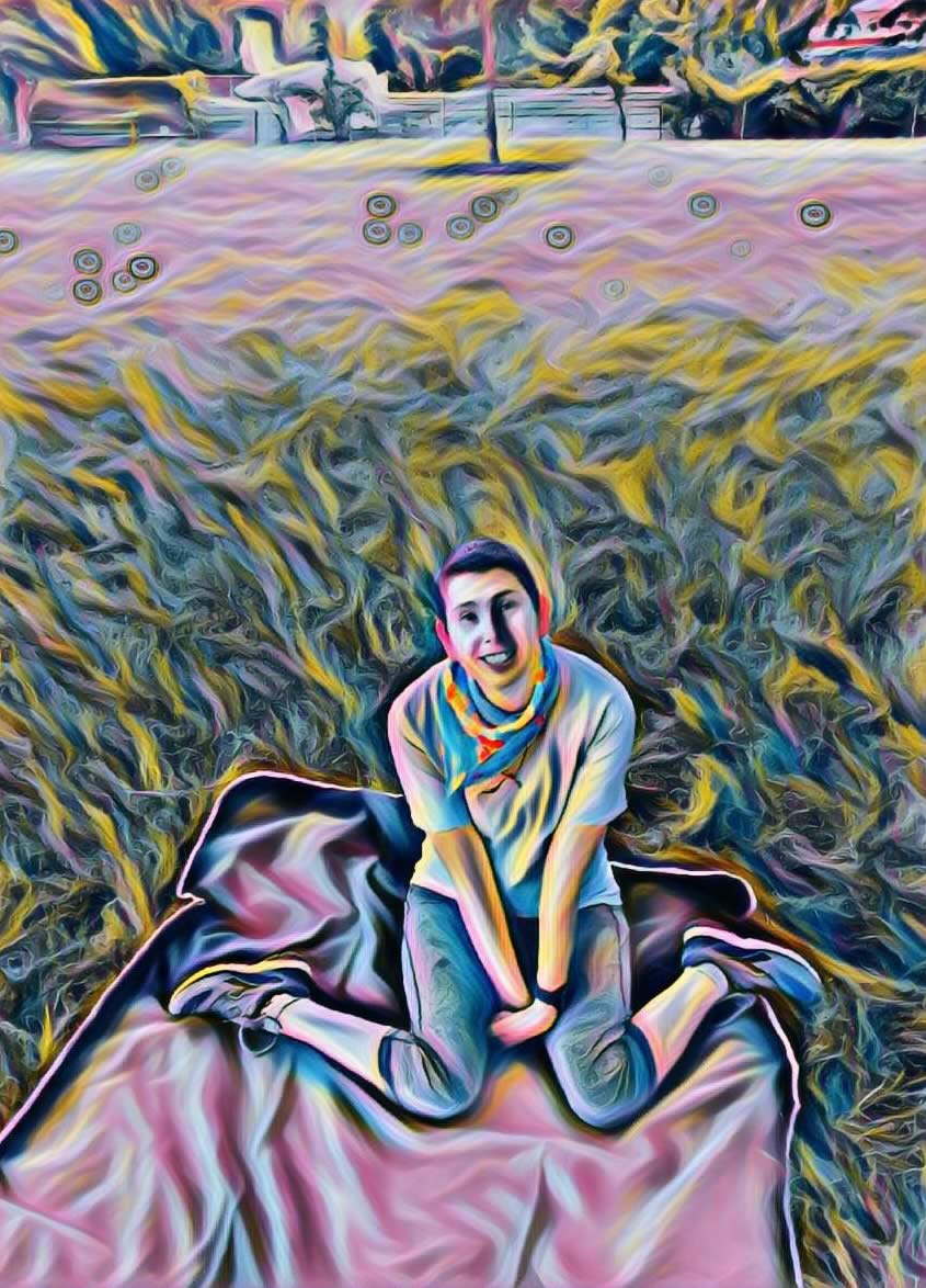 Artwork by Janelle McMillan showing Janelle on a pink rug against a landscape background.