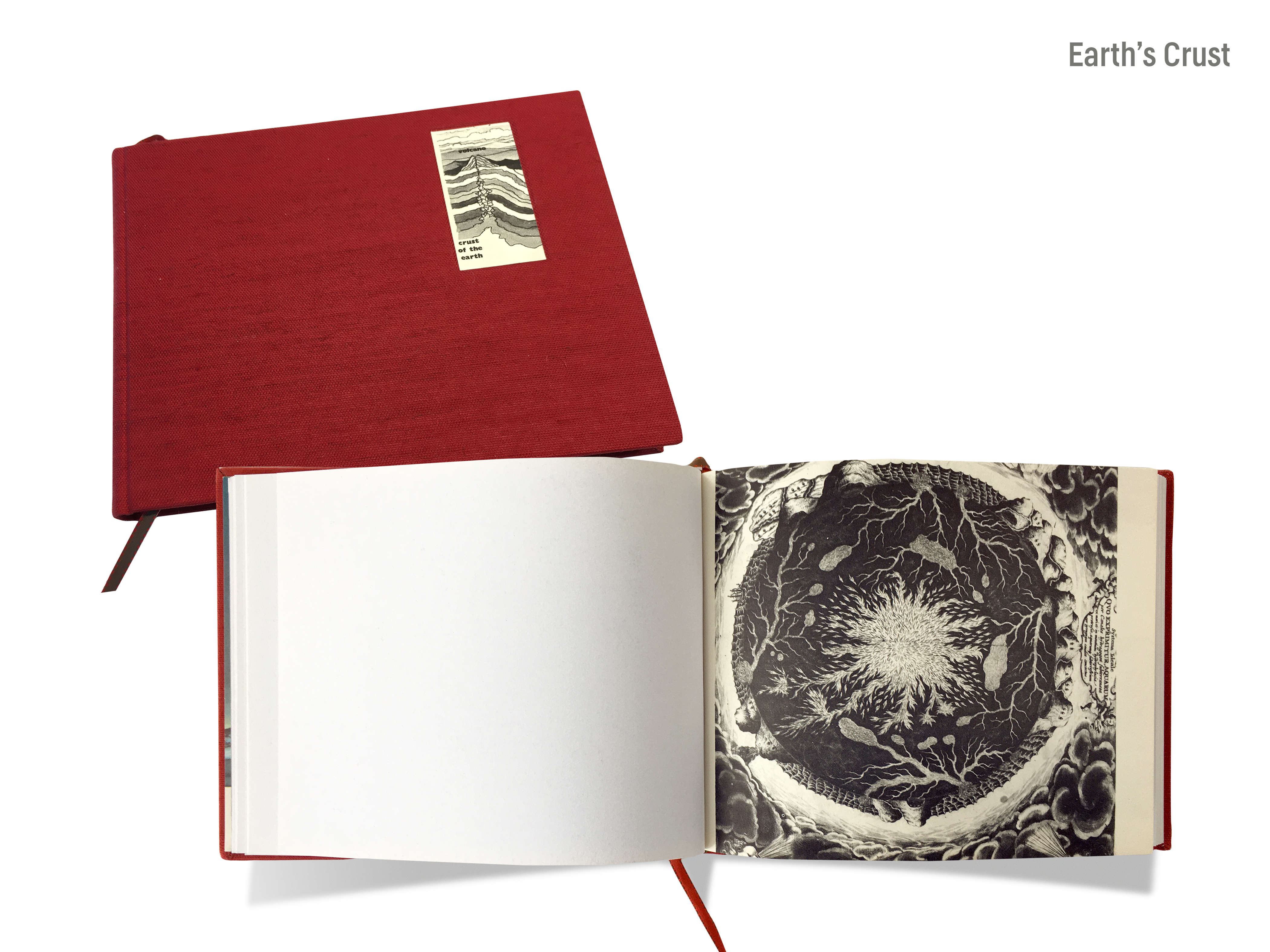 A montage image of a cover and a double-page spread of the hand-made journal titled, ‘Earth’s crust’ by Michael Small, featuring a deep red linen cover with a diagram of the geologic layers of a volcano and a double-page spread with a blank page and a line engraving of a the Earth’s geological systems.