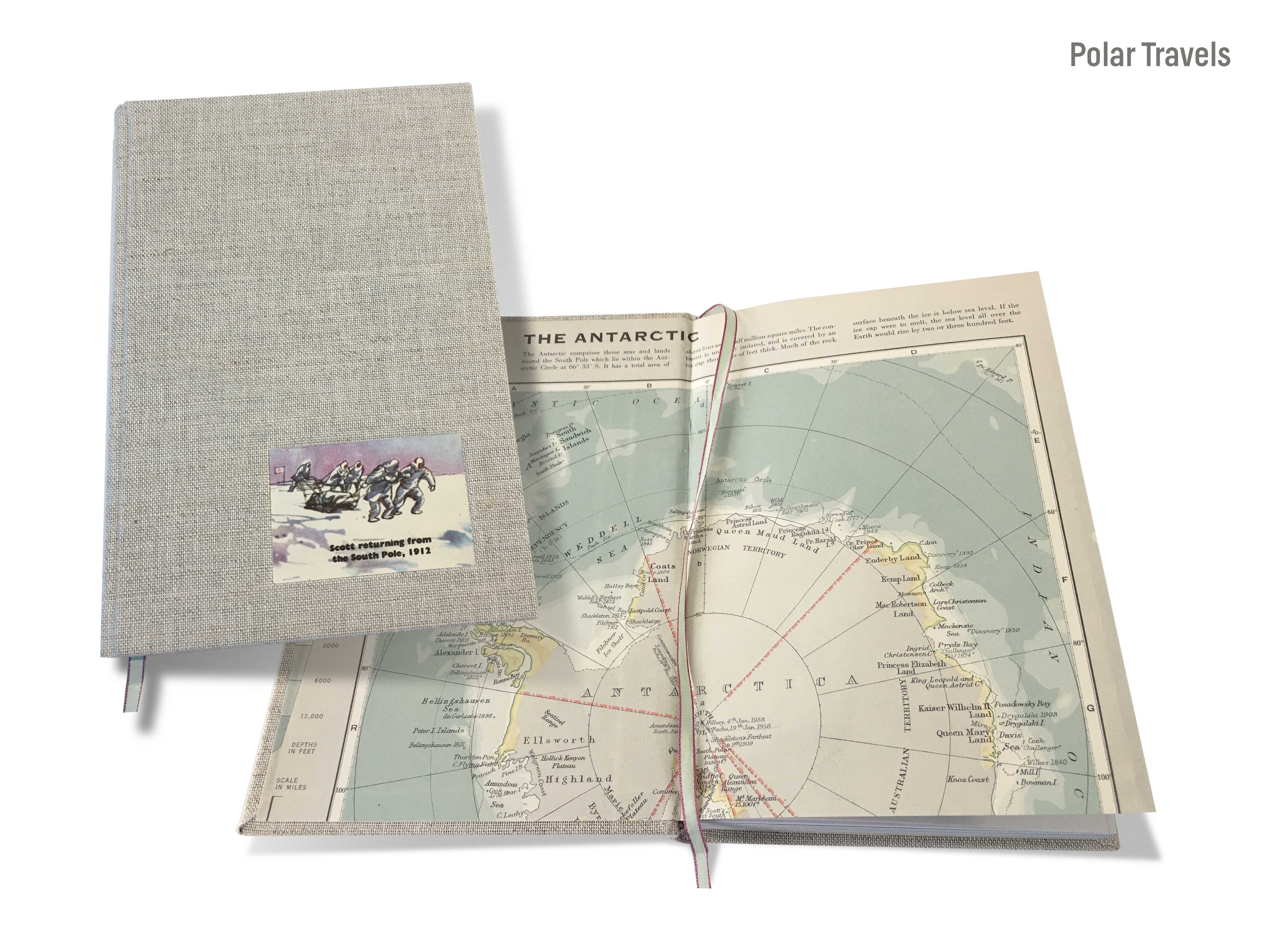A montage image of a cover and a double-page spread of the hand-made journal titled, ‘Polar travels’ by Michael Small, featuring a light grey linen cover with a watercolour of Scott returning from the South Pole, 1912 and a double-page spread with a map of Antarctica.