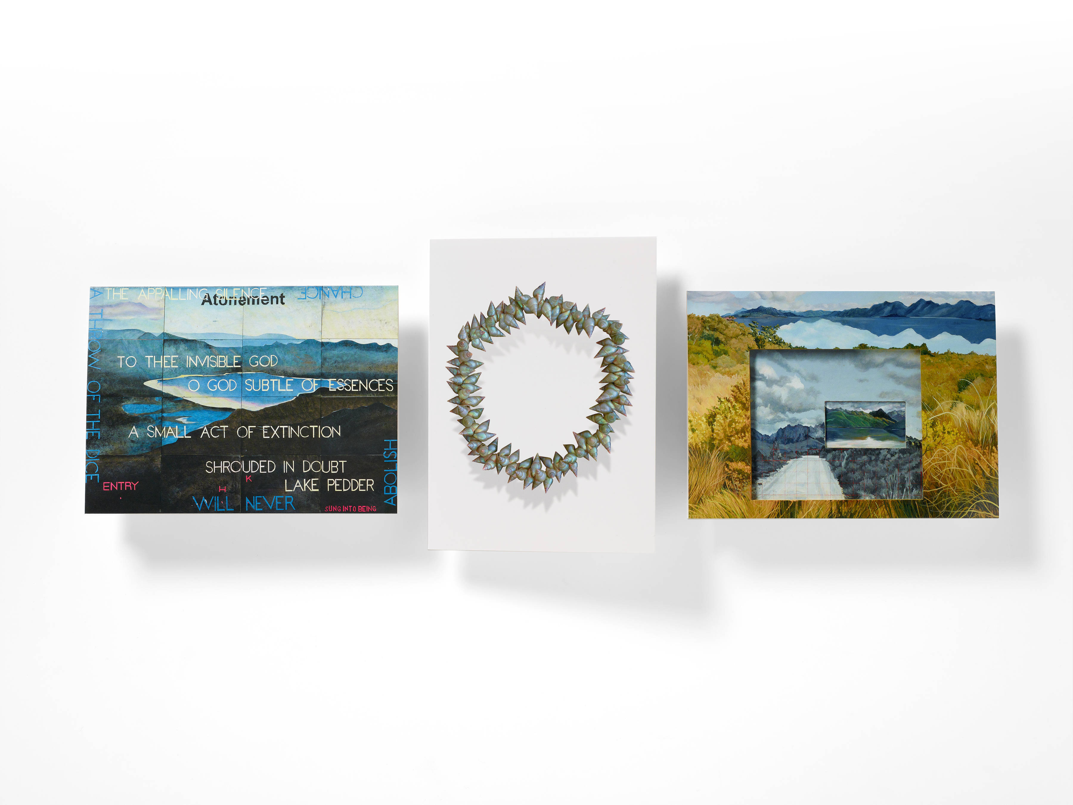 Photograph shows three of the cards from the box set of water[shed] art works. Photo: Peter Whyte.